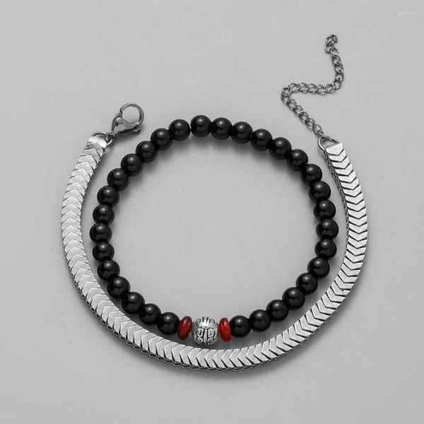 Bracelets porte-bonheur 2023 Hip Hop personnalité Bracelet en acier inoxydable pour hommes hommes Double couche perles noires titane bijoux dominateurs