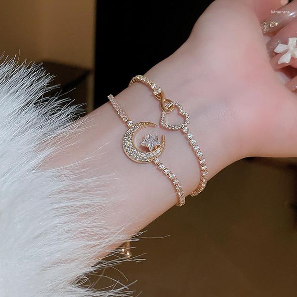 Pulseras de encanto 2023 coreano exquisito hueco cristal luna moda lujo dulce corazón joyería ajustable de las mujeres