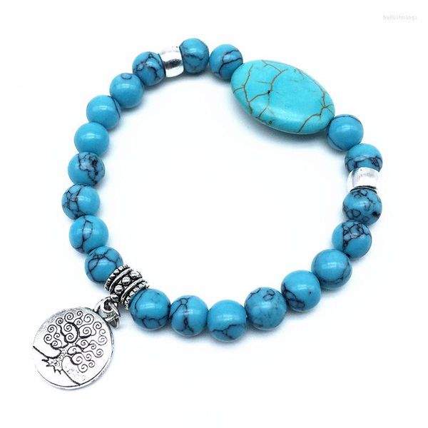 Pulseras con abalorios 2023, pulsera de mujer con cuentas redondas de piedra Natural, cuarzo rosa, cornalina azul, howlita, joyería para mujer, colgante de árbol de Metal