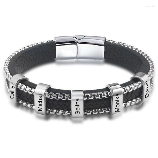 Bracelets porte-bonheur 2023 personnaliser chaîne de nom de famille pour hommes cuir tressé noir avec breloques en acier inoxydable cadeau de noël personnalisé