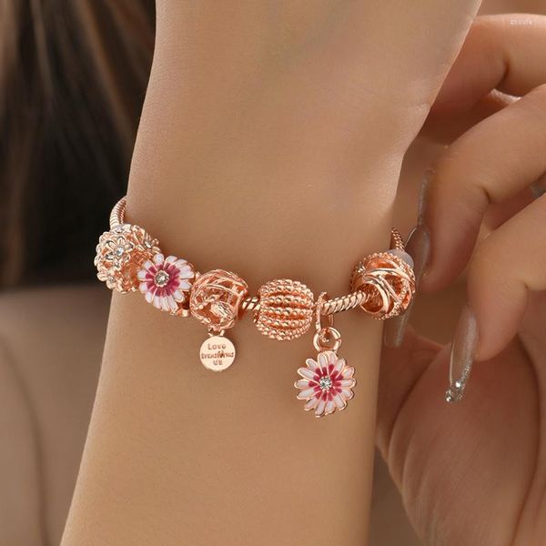 Bracelets porte-bonheur 2023 rose marguerite fleur breloques en acier inoxydable femmes bracelets corée bijoux boules en métal chaîne amour coeur Bracelet