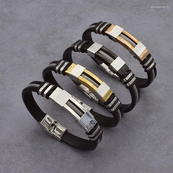 Bracelets porte-bonheur 2023 Bracelet en acier inoxydable hommes bracelet noir rainuré gouvernail Silicone maille lien insérer Punk Bracelet élégant décontracté