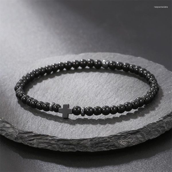 Pulseras de encanto 2023 Venta al por mayor Pulsera de moda para hombres Negro Piedra natural Grano Cruz Brazalete Gótico Punk Joyería de mano Regalo de cumpleaños masculino