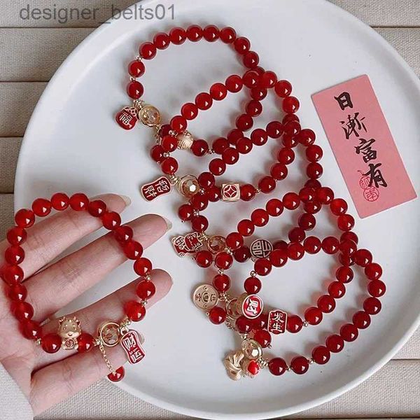 Charm Bracelets 2024 Dragon année rouge Agate perlée brin bracelets pour femme filles chat chanceux poisson Fortune sac charme bijoux en gros YBR1023L231214