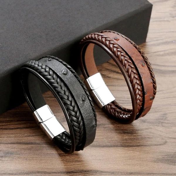 Pulseras de encanto 2024 hombres cuero trenzado cuerda brazalete multicapa negro color marrón vintage punk unisex joyería pulsera regalos