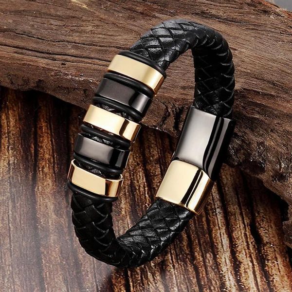 Bracelets de charme 2024 Punk multicouche cuir hommes bracelet à la mode en acier inoxydable fermoirs magnétiques classique bracelet mâle bijoux cadeau