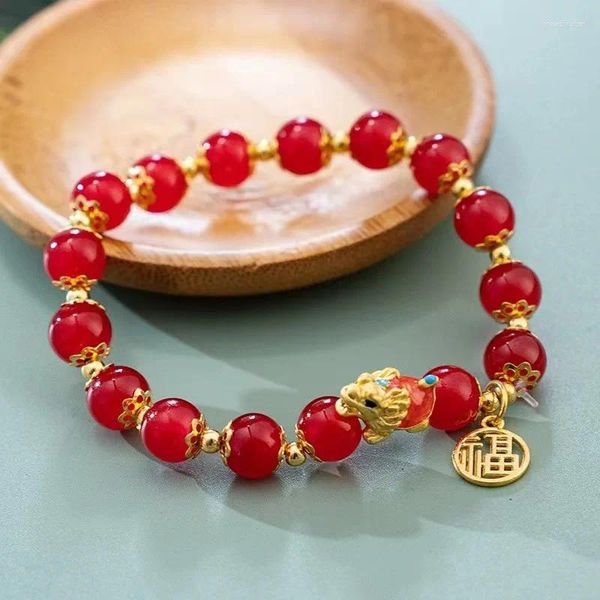 Bracelets de charme 2024 Bracelet dragon mignon à la mode pour femmes hommes perles de cristal rouge bonne chance perlée couple ami année cadeau