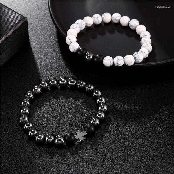 Pulseras de encanto 2 unids Classic Cross Black Iron Stone Volcano Beads Pulsera Set Hombres Pareja Punk Goth Traje Joyería Regalo