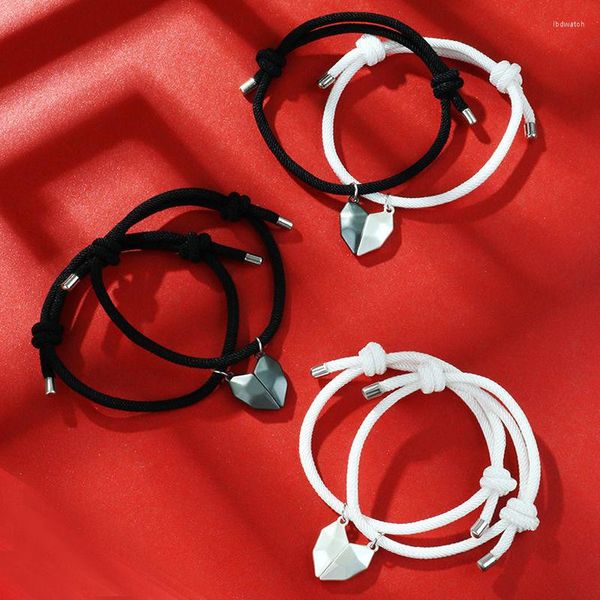 Pulseras con dijes, 2 uds., pareja de amantes del corazón minimalista, pulsera de la amistad a juego, cuerda trenzada, distancia magnética, regalo del Día de San Valentín