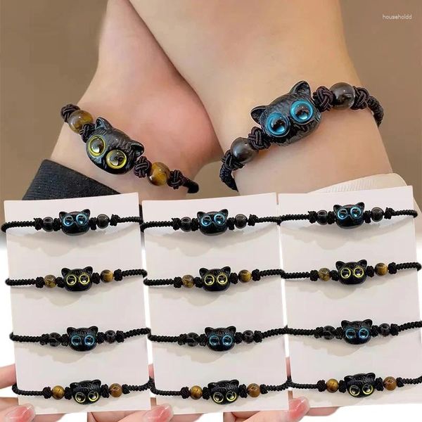 Bracelets de charme 2pcs mignon bracelet fait à la main pendentif chat noir pour femmes hommes couple amoureux de la mode bijoux cadeaux réglables