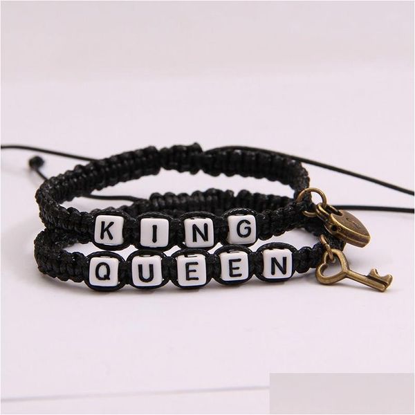 Pulseras con dijes 2 unids / lote Su rey y su reina Pareja para mujeres Hombres Vintage Key Lock Trenzado Cuerda Wrap Brazalete Amantes de la moda Joyería Dhuvq