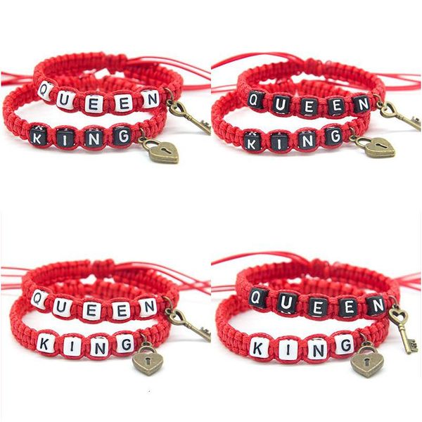 Pulseras con dijes 2 Unids / par Pareja Artificial Bling Cuentas Rojas Rey Reina Con Cadenas de Cuerda de Bloqueo de Llave Amantes Novio Novia Regalos D Dhozf