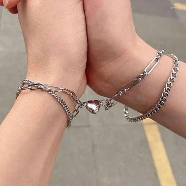 Pulseras de encanto 2 unids punk corazón magnético pareja pulsera para mujeres color plata cadena distancia emparejada pulsera joyería día de San Valentín