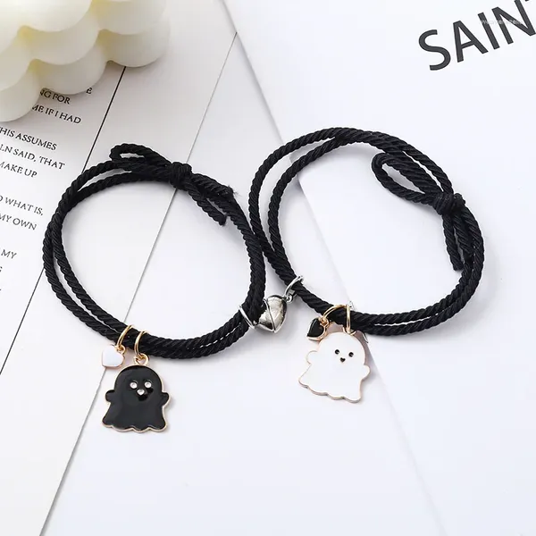 Pulseras con dijes 2 unids/set dibujos animados pareja magnética para amantes lindo fantasma encantos pulsera de cuerda ajustable mujeres hombres joyería de amistad