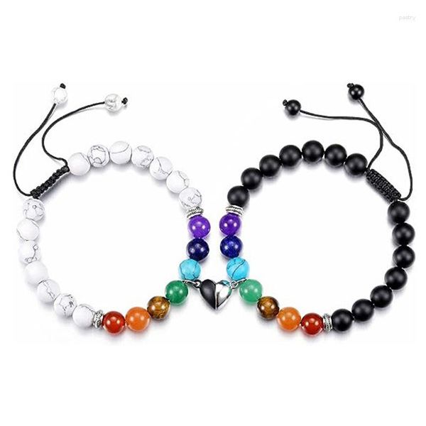 Bracelets de charme 2pcs / set bracelet de couple pour femmes hommes forme de coeur magnétique 7 chakra guérison yoga reiki prière perle pierres bracelet fête