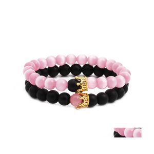 Bedelarmbanden 2 stks set mode handgemaakte zwarte matte kralen katten oog opaal armband creatieve kroon voor vrouwen en mannen drop levering jood