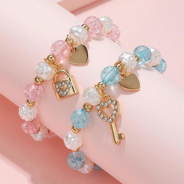Bracelets de charme 2pcs / set Handmade Key Lock Heart Stretch Beads Bracelet For Girls Childre