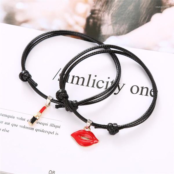 Bracelets porte-bonheur 2 pièces/ensemble HTZZY mode pour femme rouge rose lèvres Bracelet noir corde chaîne cadeaux jumelés