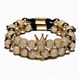Bracelets de charme 2pcs / ensemble couronne de luxe hommes 8mm micro pavé cz rond tressé rame bracelet pseira feminina bijoux faits à la main femmes goutte de dh06g