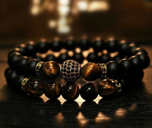 Bracelets de charme 2pcs / Set Hommes Bracelet 2022 Mode Pave Cz Ball Tube Couronne 8mm Pierre Perle Pour Bijoux GiftCharm