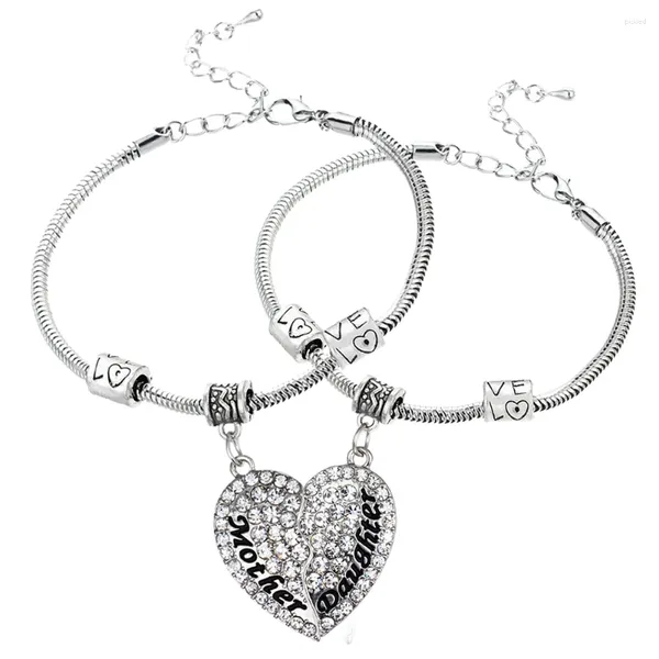 Bracelets de charme 2pcs plaqué argent cristal clair mère fille coeur brisé bracelet bracelet strass femmes fille bijoux fête