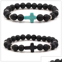 Bracelets de charme 2styles naturel noir pierre de lave croix élastique bracelet aromathérapie huile essentielle diffuseur pour hommes bijoux goutte livraison DH5LQ