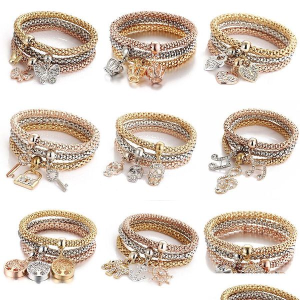 Bracelets porte-bonheur 3 couleurs/ensemble arbre de vie femmes cristal couronne symbole musical éléphant serrure à clé hibou Wrap Bracelet pour hommes bijoux Bk D Dhuef