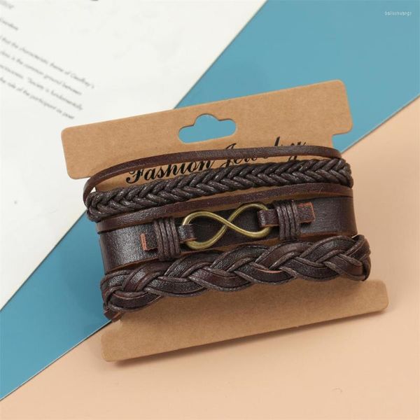 Bracelets porte-bonheur 3 pièces/ensembles bijoux de mode tissage à la main Bracelet en cuir véritable hommes Vintage manchette 8 mots Pulsera Hombre