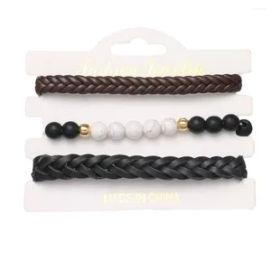Bracelets de charme 3 pièces/ensemble de bracelet de perles en cuir tissé à la main 2024 mode pierre volcanique noire et blanche pour bijoux pour dames
