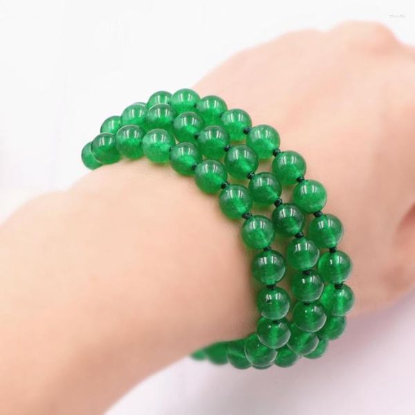 Bracelets à breloques 3 rangées bracelet à breloques pour femme pierre naturelle vert jades 8mm perles rondes calcédoine perlée brin bracelet bijoux 7.5 pouces