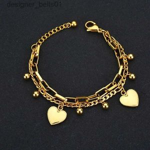 Bedelarmbanden 316L roestvrij staal Nieuwe mode luxe sieraden Bohemen 2 lagen bal rs hart charme dikke ketting armband voor damesL231214