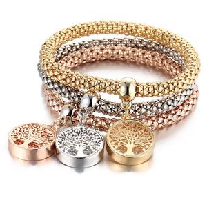 Bracelets de charme 3 couleurs / ensemble arbre de vie en cristal pour femmes coeur couronne Skl éléphant clé serrure hibou élastique bracelet mode bijoux cadeau D Dhhmx