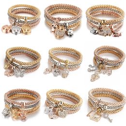 Charm Armbanden 3ColorsLot Levensboom Elastische Armband Set Voor Vrouwen Crystal Uil Key Lock Music Note Uil Vlinder hart Charm Bangle Sieraden Z0612