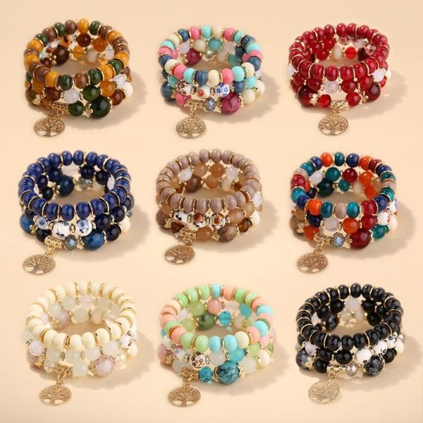 Bracelets de charme 3pcs Boho ethnique arbre de vie bracelet de perles ensemble pour femmes colorées perles de verre acrylique chaîne wrap bracelet bijoux féminins