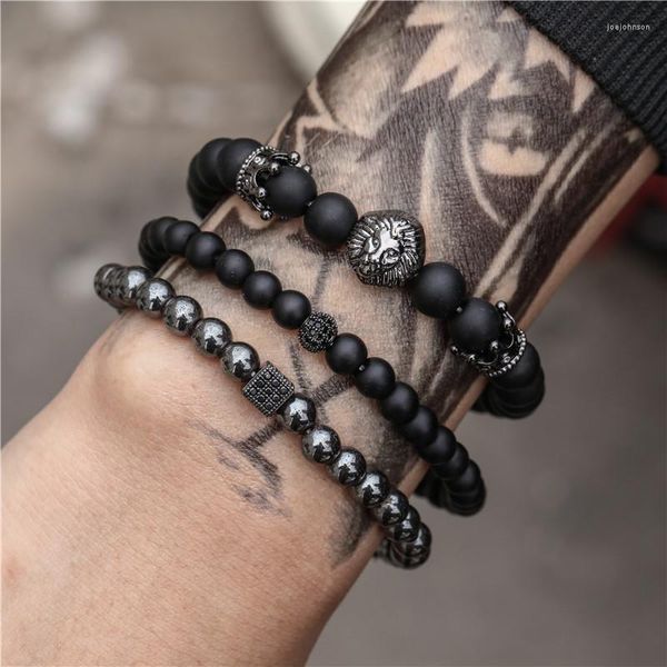 Pulseras con dijes 3 unids/set 6mm negro piedra mate pulsera de cuentas de cobre cuerda elástica CZ bola leopardo calavera corona para hombres y mujeres