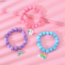 Bracelets de charme 3 pièces/ensemble couleur bonbon filles Bracelet arc-en-ciel nuage étoile licorne mat perlé Bracelets extensibles bijoux accessoires en gros