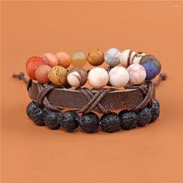 Bracelets porte-bonheur 3 pièces/ensemble huit planètes pierre de lave mode cuir réglable corde Bracelet pour femmes hommes ensemble bijoux cadeaux