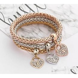 Braceletas Charm 3 piezas/set Pulsera de cristal elástica Diamante Heart Crown Crown Tree of Life Skl Bangle Bangle Juejes de joyería Epacket Dhloj