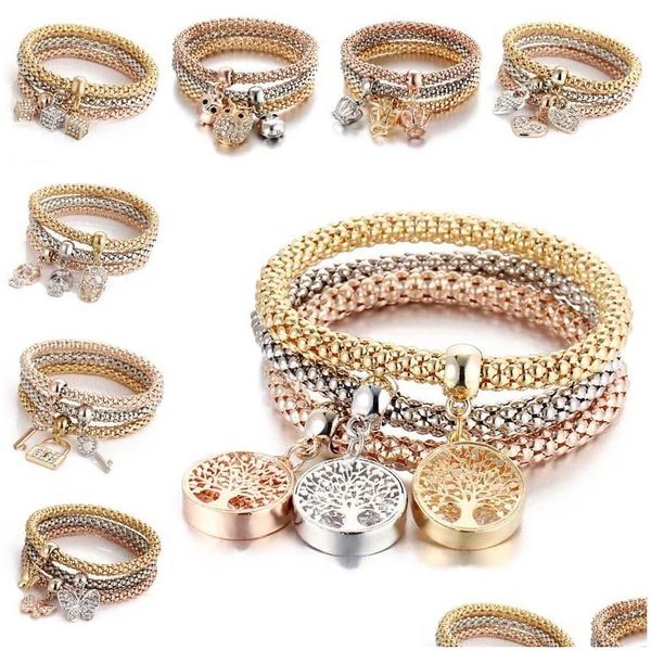 Pulseras con dijes 3 Unids / set Pulsera de Cristal Elástico Corazón Corona Árbol de la Vida Skl Elefante Cerradura de Llave Búho Warp Brazalete Conjuntos Para Mujeres Hombres Je Dhish