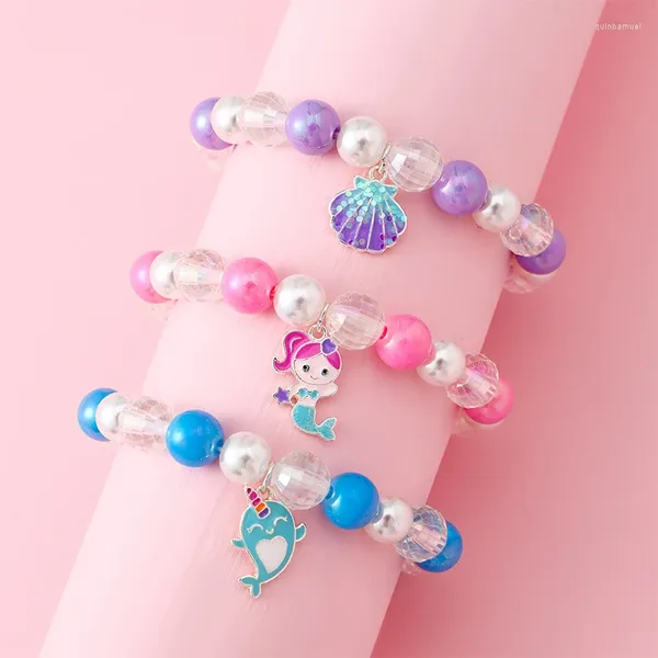 Pulseras de encanto 3 piezas/set de color estirado hecho a mano con cuentas con capado de la sirena de concha para niños adolescentes niñas