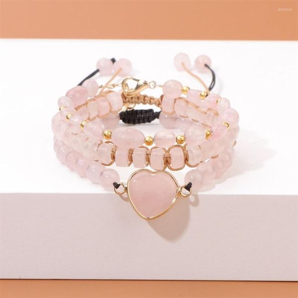 Bracelets porte-bonheur 3 pièces/ensemble Quartzs Rose naturel rond irrégulier entretoise gemmes Bracelet mode amour coeur pendentif pour femmes hommes