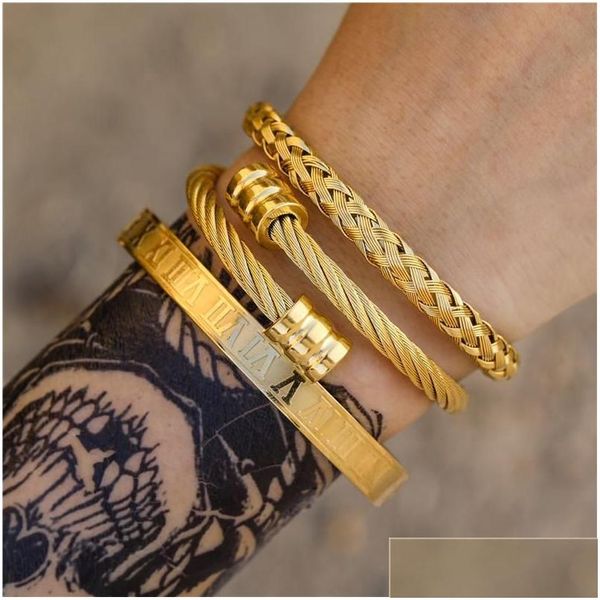 Bracelets de charme 3pcs / ensemble chiffre romain hommes boucle de corde en acier inoxydable bracelets ouverts or Pseira Bileklik bracelet bijoux Dr Dhgard Dh8Ad