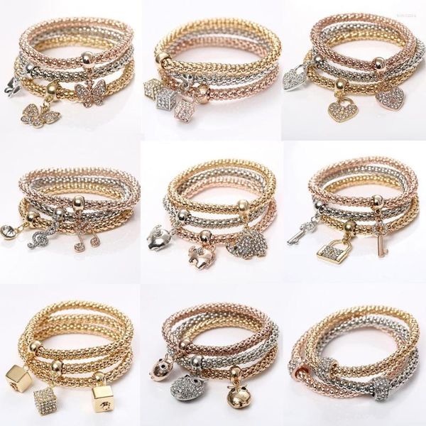 Bracelets de charme 3pcs / set carré cube papillon animal coeur forme horloge clé pendentif bracelet femmes bracelet strass wrap bijoux cadeau