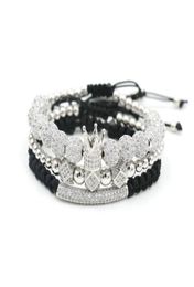 Braceletas Charm 3pcsset Crown brazalete de lujo Hombres Hip Hop Silver Color Micro Pave Cz Bola para mujeres Pulseira Bileklik2496041