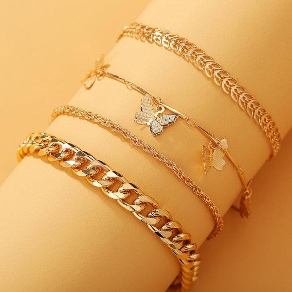 Bracelets porte-bonheur 4 pièces/ensemble papillon pendentif multicouche Bracelet ensemble réglable corde chaîne cheville femmes fille bijoux