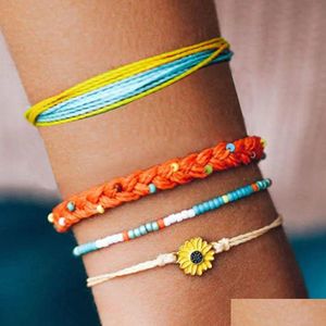 Pulseras con dijes 4 piezas Set Nuevo hecho a mano Daisy Sead Beads Cuerda trenzada Vsco Girl Amistad Pulsera Boho Ajustable Colorf Lucky Jewelr Dh9Cz