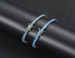 Bracelets à charme 4 mm Hip Hop Blue Zircon Set Bling Iced Out 1 rangée CZ Stone Tennis Link Chain pour hommes Femmes Unisexe Jewelry Kijoux GI1701592