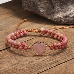 Bracelets de charme 4mm Rhodonite rose cristal coeur femmes bohême Yoga chaîne tressé amant Wrap Bracelet bijoux faits à la main