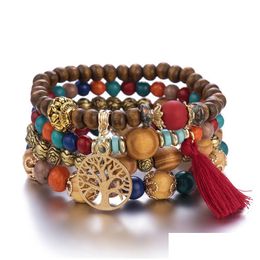 Bracelets de charme 4pcs Bohême arbre de vie bracelet perlé ensemble pour les femmes faites à la main des perles de bois brace