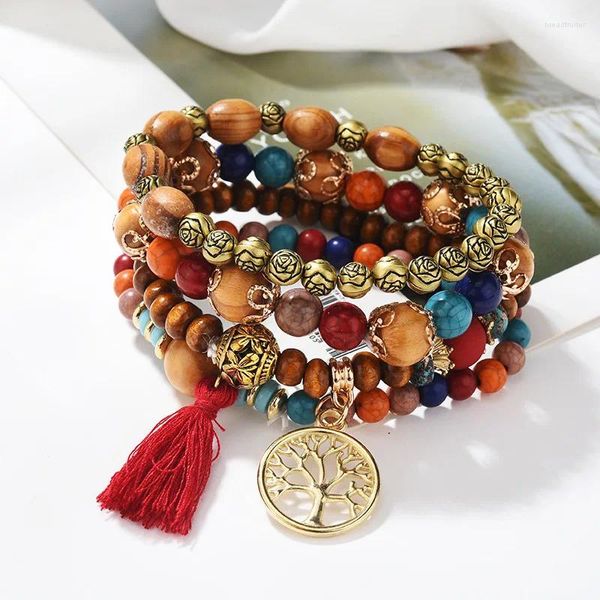 Pulseras de encanto 4 unids Bohemia Árbol de la vida Conjunto Vintage Budismo Flores de loto Cuentas de madera para joyería Boho hecha a mano